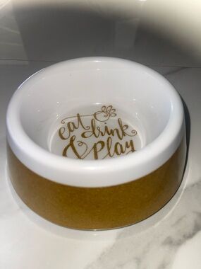Gold and White Pet Bowl weighted to not tip over- "Eat Drink Play"